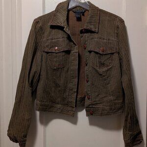 Spanner Olive Denim Botton-Down Jean Jacket, Red Buttons Size 4 Spandex Green